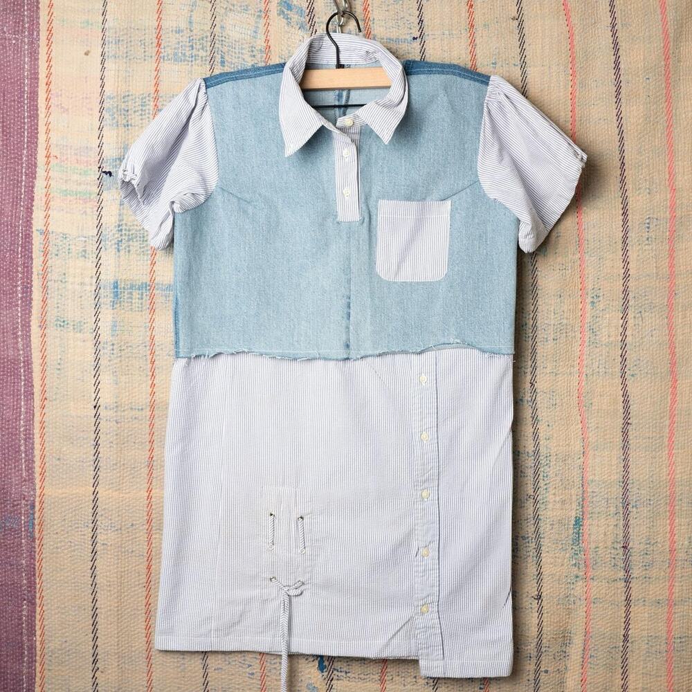 Custom reworked denim patchwork shirt / Hybrid Polo Top